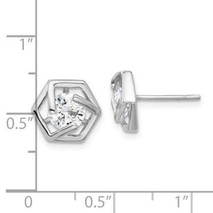 Sterling Silver Rhodium-Plated Polished CZ Hexagon Post Earrings