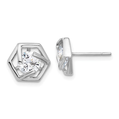 Sterling Silver Rhodium-Plated Polished CZ Hexagon Post Earrings