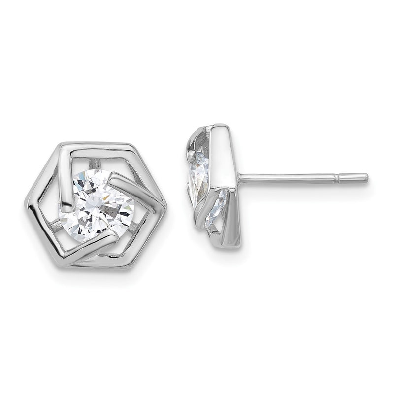 Sterling Silver Rhodium-Plated Polished CZ Hexagon Post Earrings