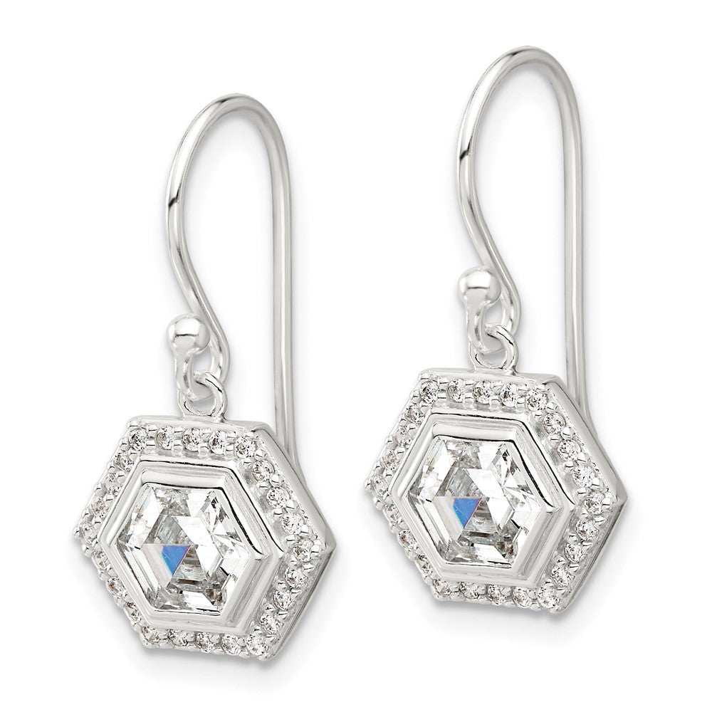 Sterling Silver E-Coated Polished CZ Hexagon Dangle Earrings