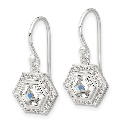Sterling Silver E-Coated Polished CZ Hexagon Dangle Earrings