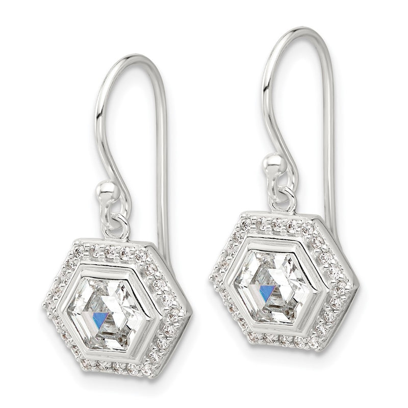 Sterling Silver E-Coated Polished CZ Hexagon Dangle Earrings
