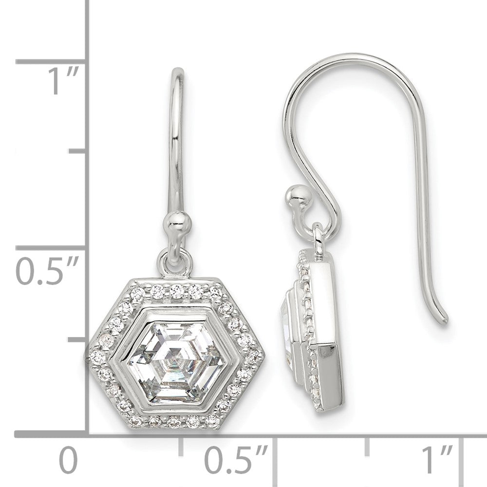 Sterling Silver E-Coated Polished CZ Hexagon Dangle Earrings