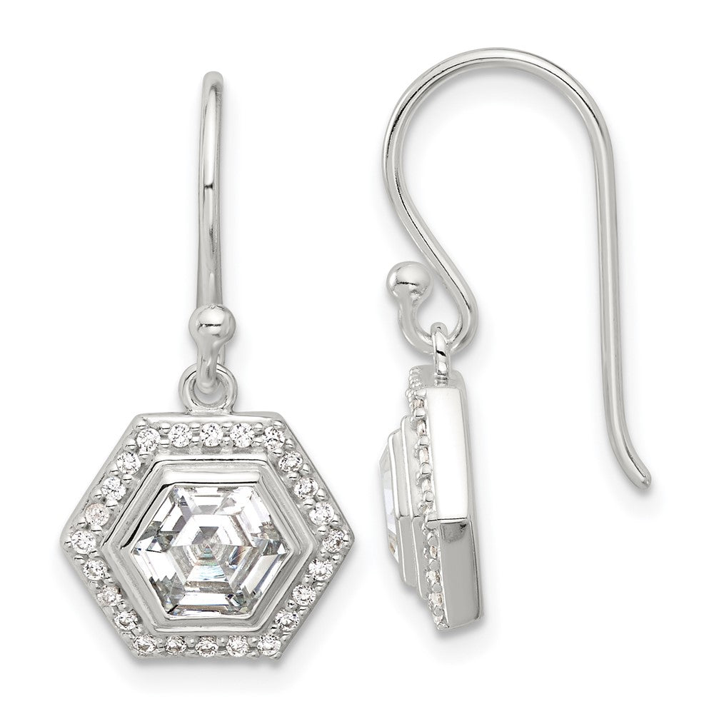 Sterling Silver E-Coated Polished CZ Hexagon Dangle Earrings