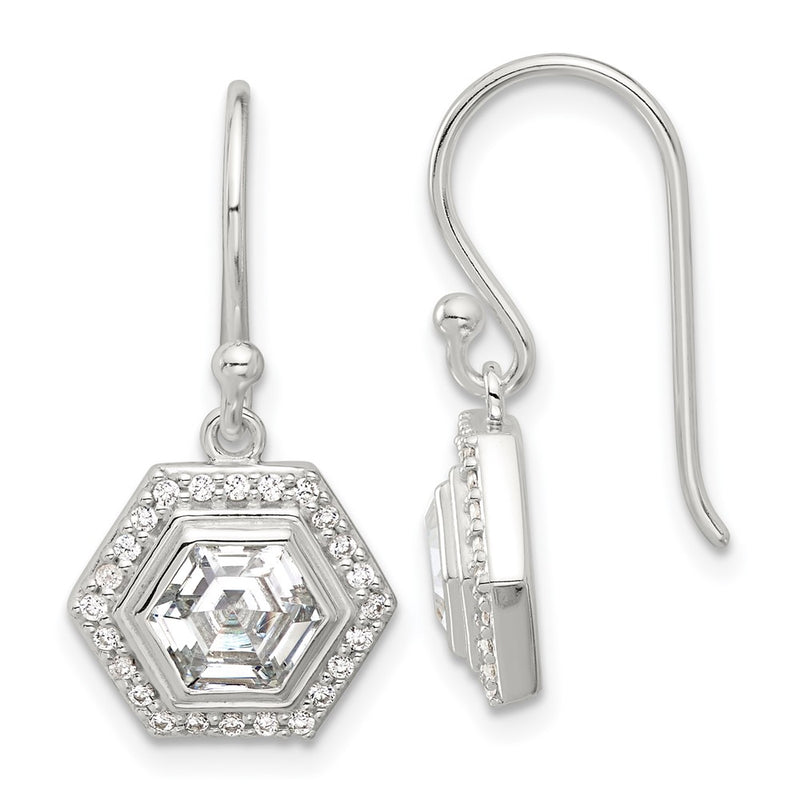 Sterling Silver E-Coated Polished CZ Hexagon Dangle Earrings