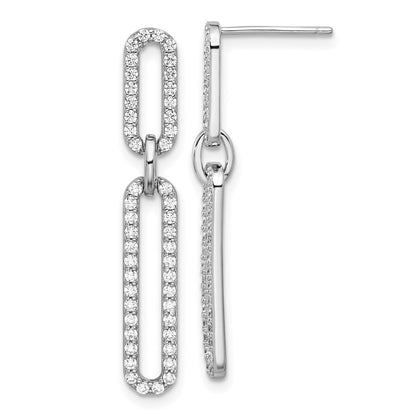 Sterling Silver Rhodium Plated Polished CZ Paperclip Post Dangle Earrings