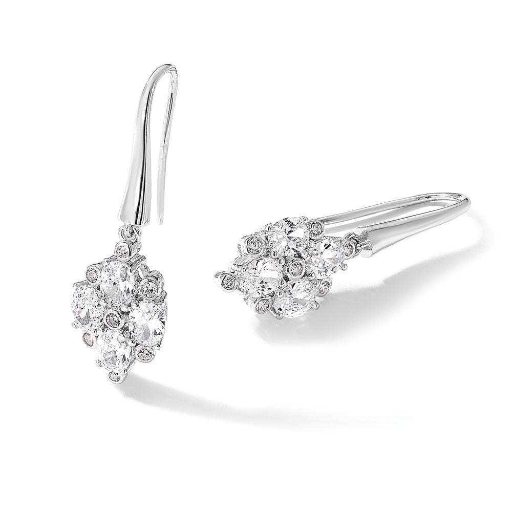Sterling Silver Rhodium Plated Polished Fancy CZ Cluster Dangle Earrings