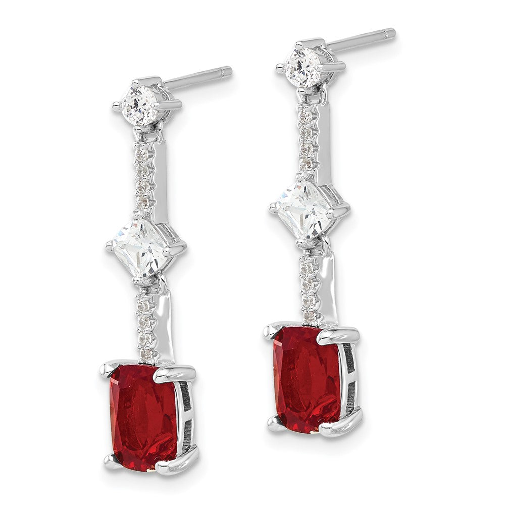 Sterling Silver Rhodium Plated Fancy Red & White CZ Post Dangle Earrings