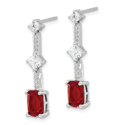 Sterling Silver Rhodium Plated Fancy Red & White CZ Post Dangle Earrings