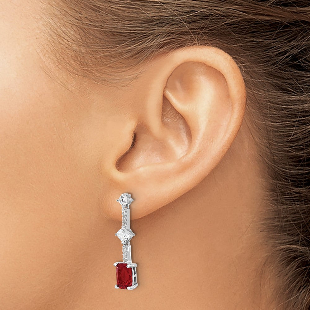 Sterling Silver Rhodium Plated Fancy Red & White CZ Post Dangle Earrings