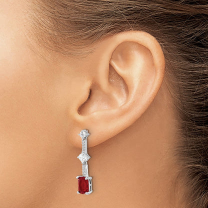 Sterling Silver Rhodium Plated Fancy Red & White CZ Post Dangle Earrings