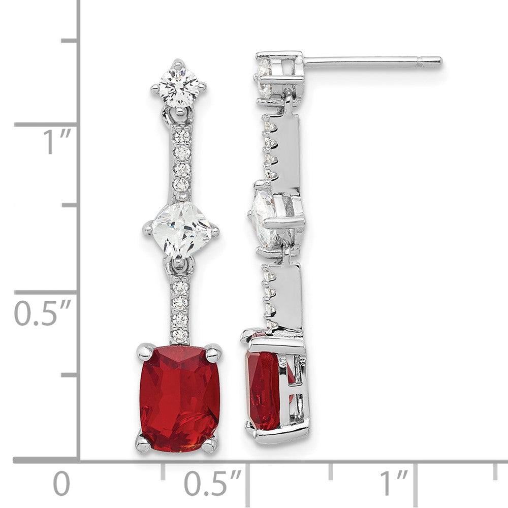 Sterling Silver Rhodium Plated Fancy Red & White CZ Post Dangle Earrings