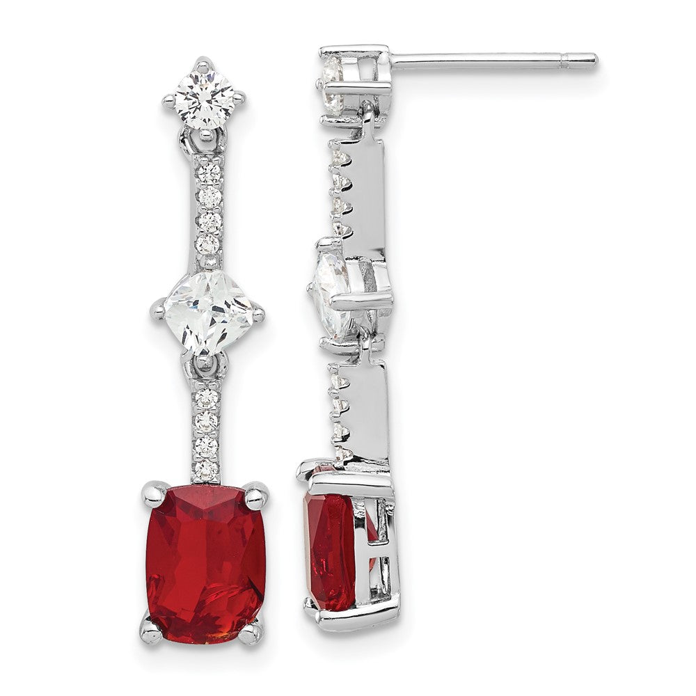 Sterling Silver Rhodium Plated Fancy Red & White CZ Post Dangle Earrings