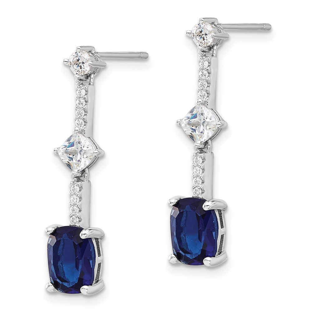 Sterling Silver Rhodium Plated Fancy Blue & White CZ Post Dangle Earrings