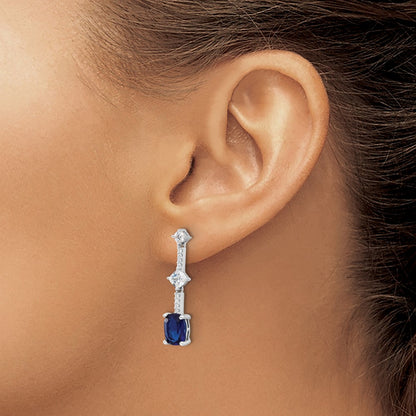 Sterling Silver Rhodium Plated Fancy Blue & White CZ Post Dangle Earrings