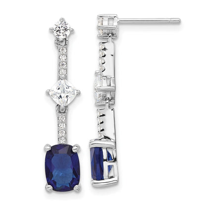 Sterling Silver Rhodium Plated Fancy Blue & White CZ Post Dangle Earrings