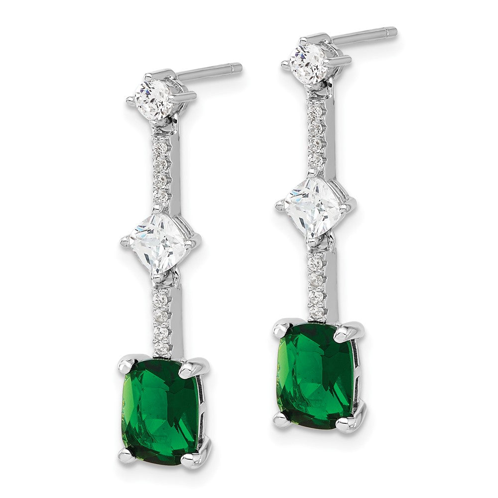 Sterling Silver Rhodium Plated Fancy Green & White CZ Post Dangle Earrings