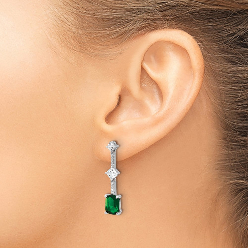 Sterling Silver Rhodium Plated Fancy Green & White CZ Post Dangle Earrings