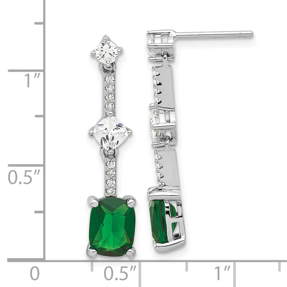 Sterling Silver Rhodium Plated Fancy Green & White CZ Post Dangle Earrings