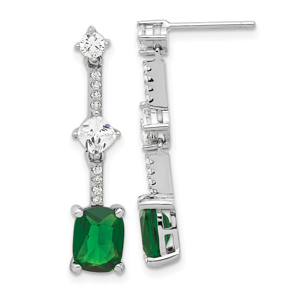 Sterling Silver Rhodium Plated Fancy Green & White CZ Post Dangle Earrings