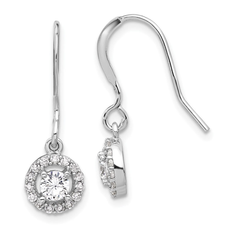 Sterling Silver Rhodium-Plated Polished Round CZ Halo Dangle Earrings