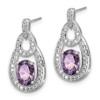 Sterling Silver Rhodium-Plated CZ and Purple Zircon Post Dangle