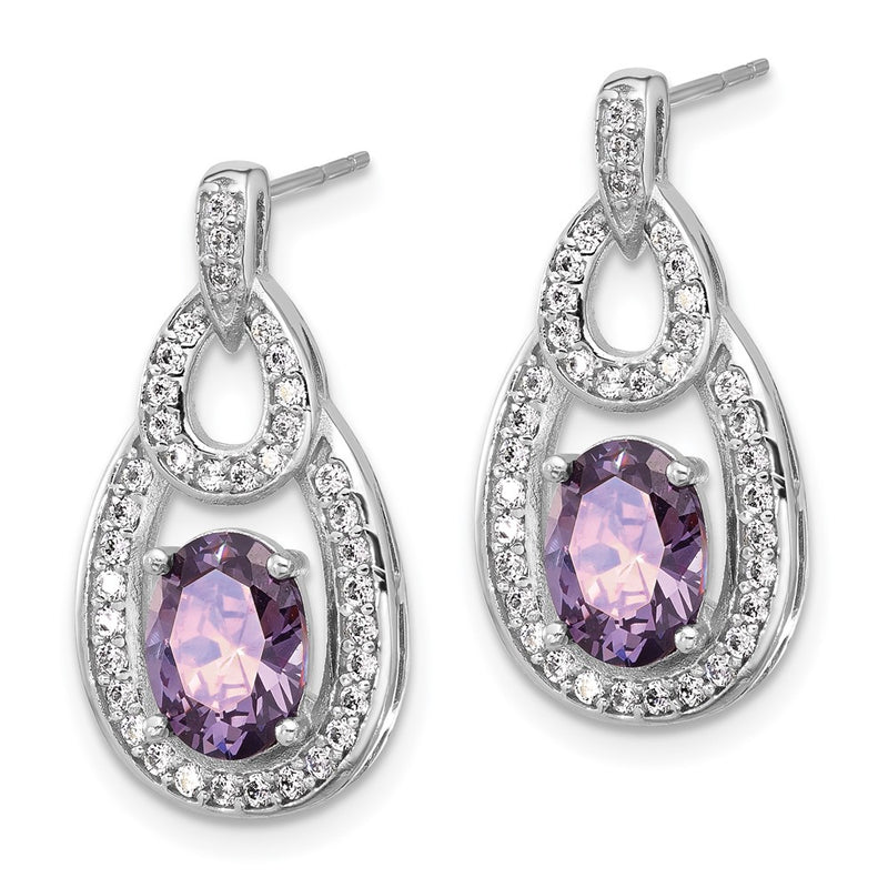 Sterling Silver Rhodium-Plated CZ and Purple Zircon Post Dangle