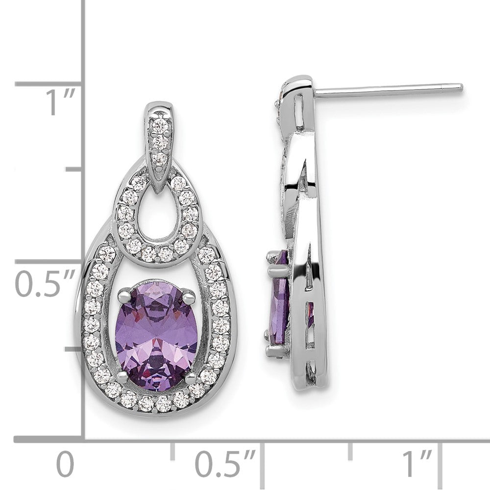 Sterling Silver Rhodium-Plated CZ and Purple Zircon Post Dangle