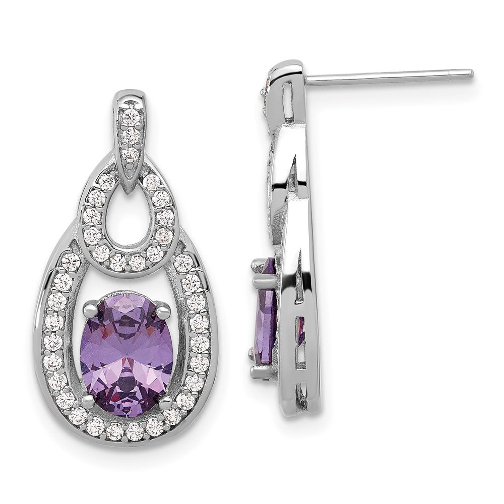 Sterling Silver Rhodium-Plated CZ and Purple Zircon Post Dangle