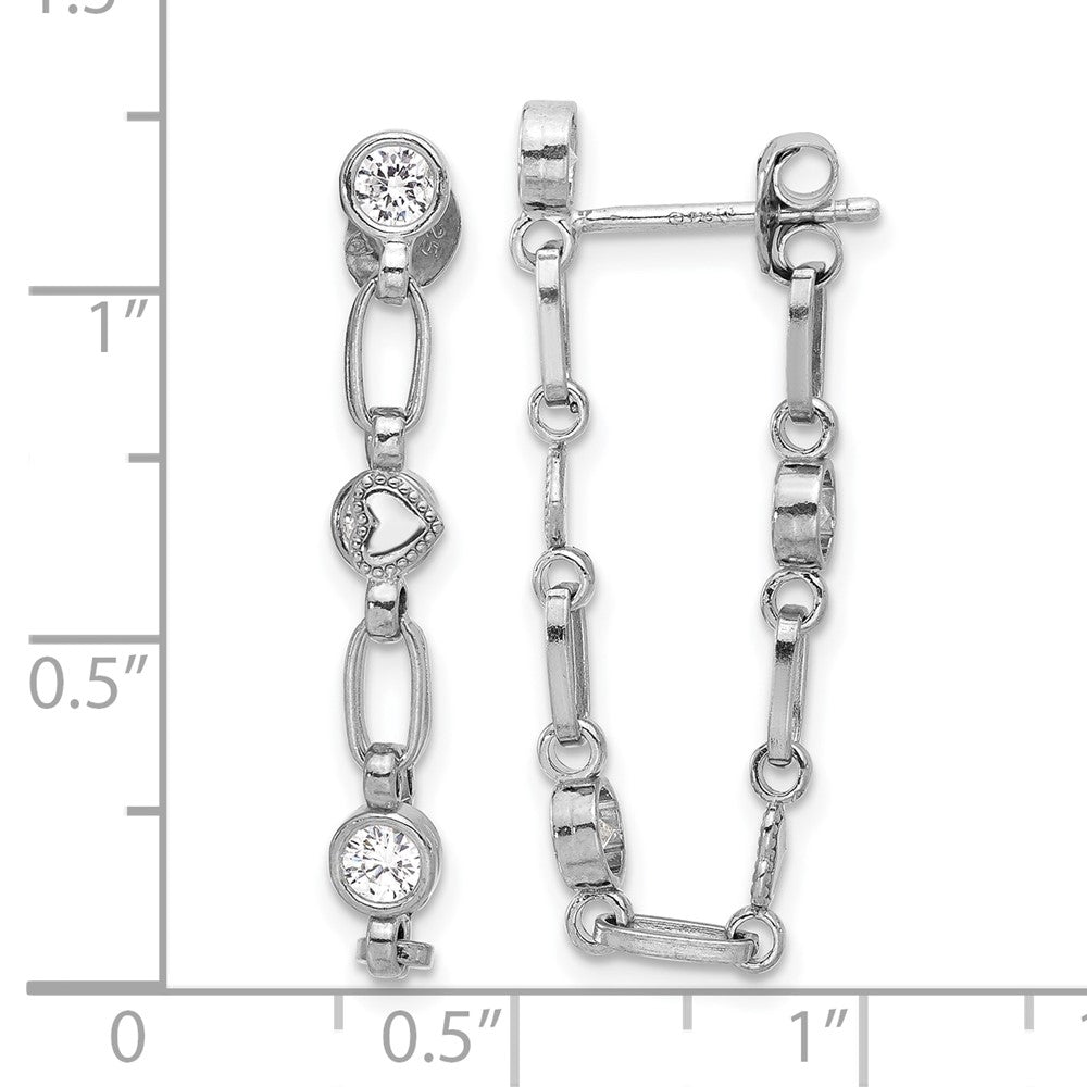 Sterling Silver Rhodium-Plated Bezel CZ with Heart Post Dangle Earrings