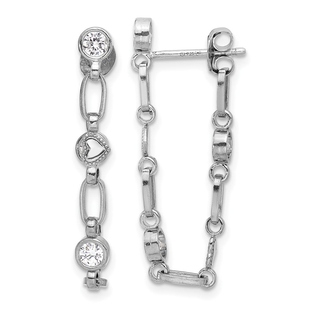 Sterling Silver Rhodium-Plated Bezel CZ with Heart Post Dangle Earrings