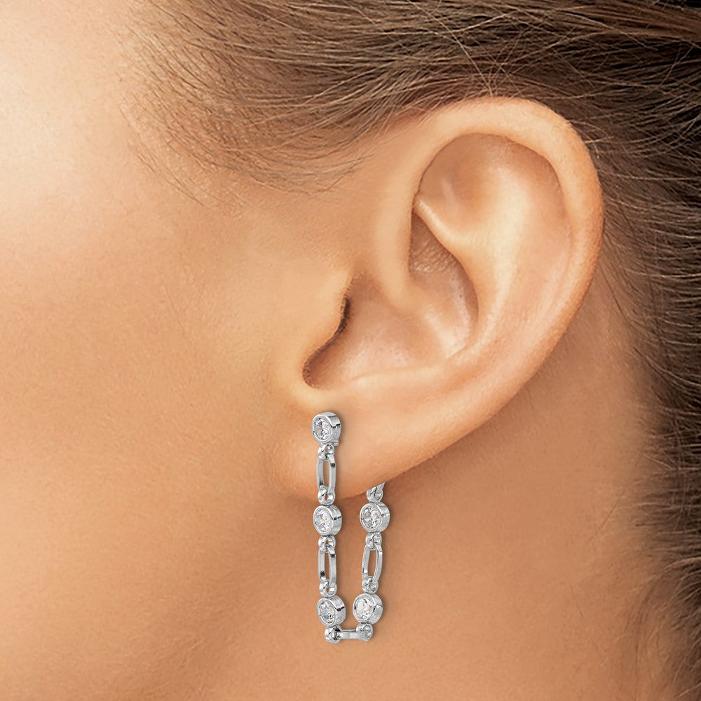 Sterling Silver Rhodium-Plated Bezel CZ Post Dangle Earrings