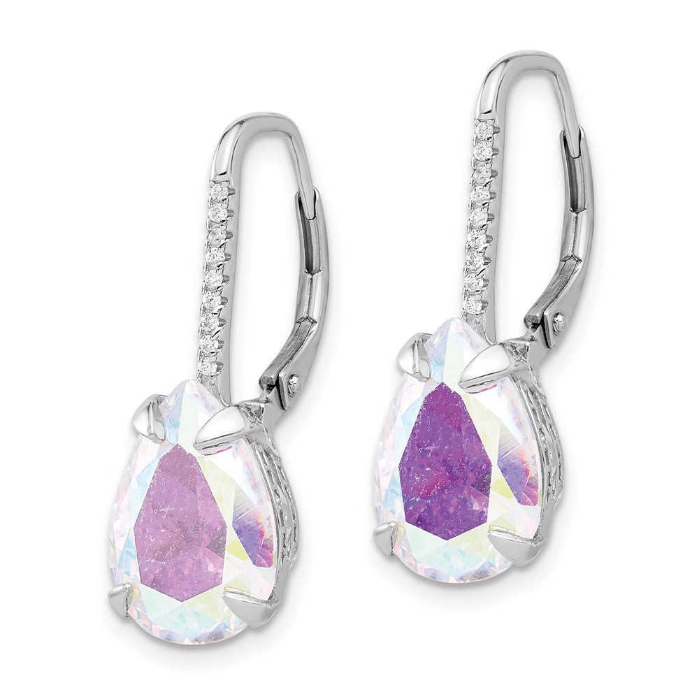 Sterling Silver Rhodium-Plated Pear Iridescent CZ Leverback Earrings