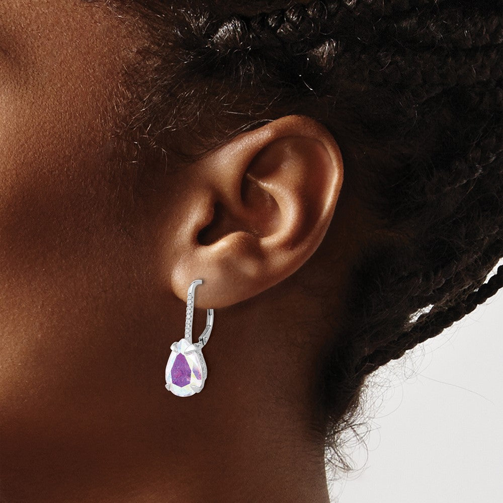 Sterling Silver Rhodium-Plated Pear Iridescent CZ Leverback Earrings