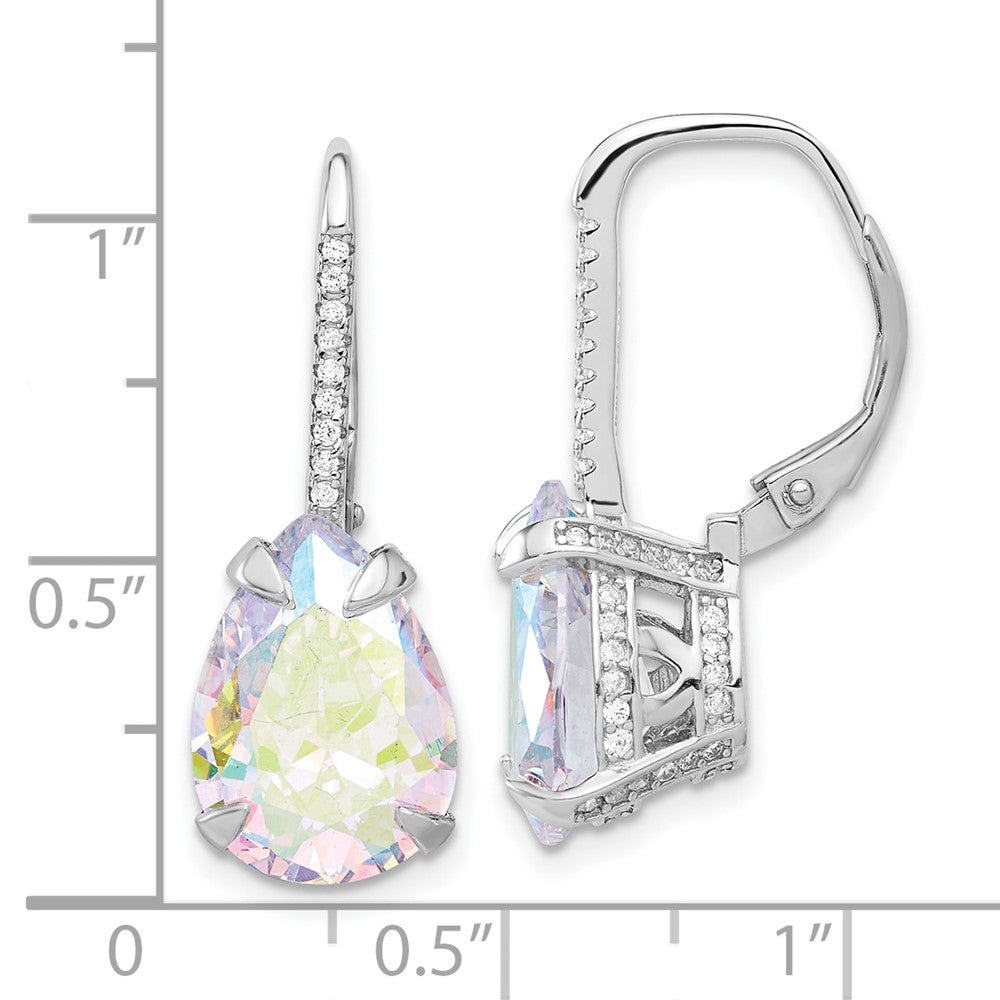 Sterling Silver Rhodium-Plated Pear Iridescent CZ Leverback Earrings