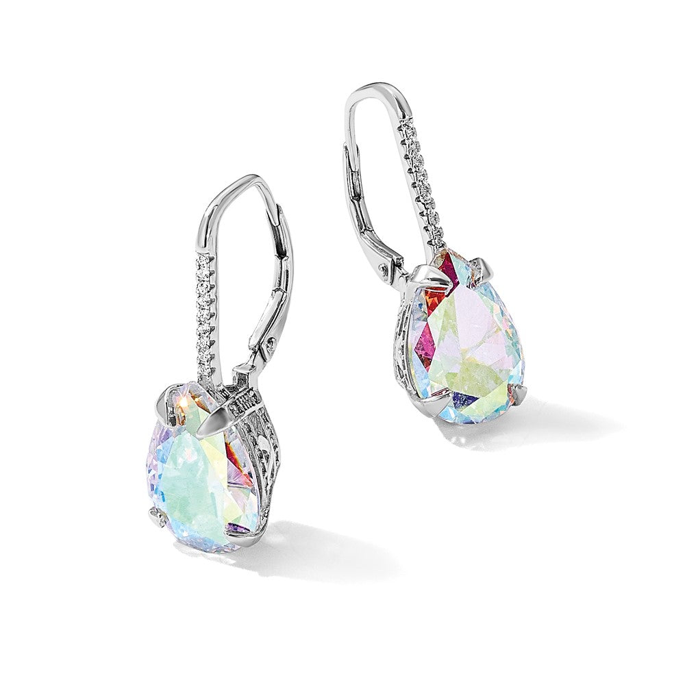Sterling Silver Rhodium-Plated Pear Iridescent CZ Leverback Earrings