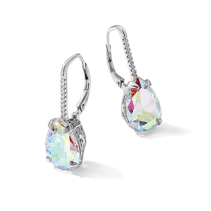 Sterling Silver Rhodium-Plated Pear Iridescent CZ Leverback Earrings