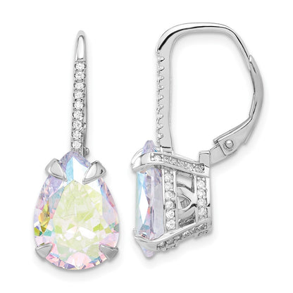 Sterling Silver Rhodium-Plated Pear Iridescent CZ Leverback Earrings