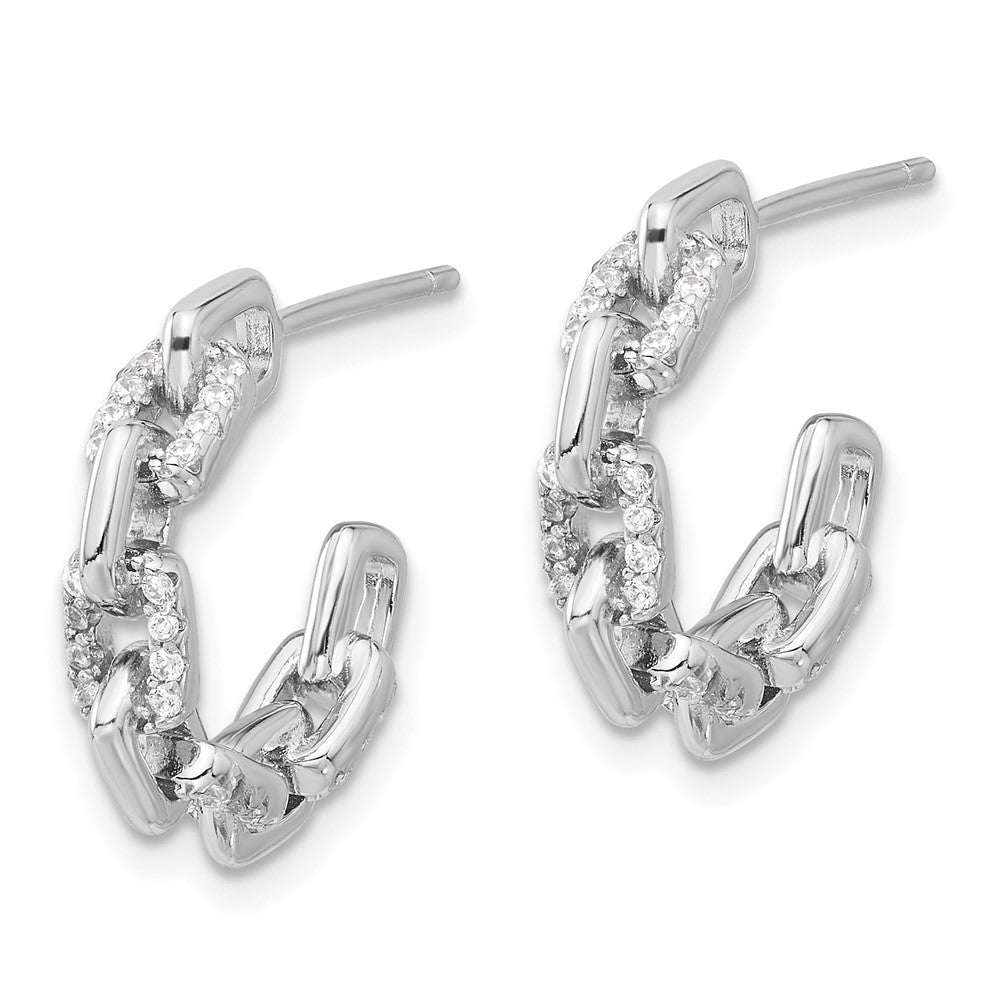 Sterling Silver Rhodium-Plated with CZ Link Design Post Hoop Earrings