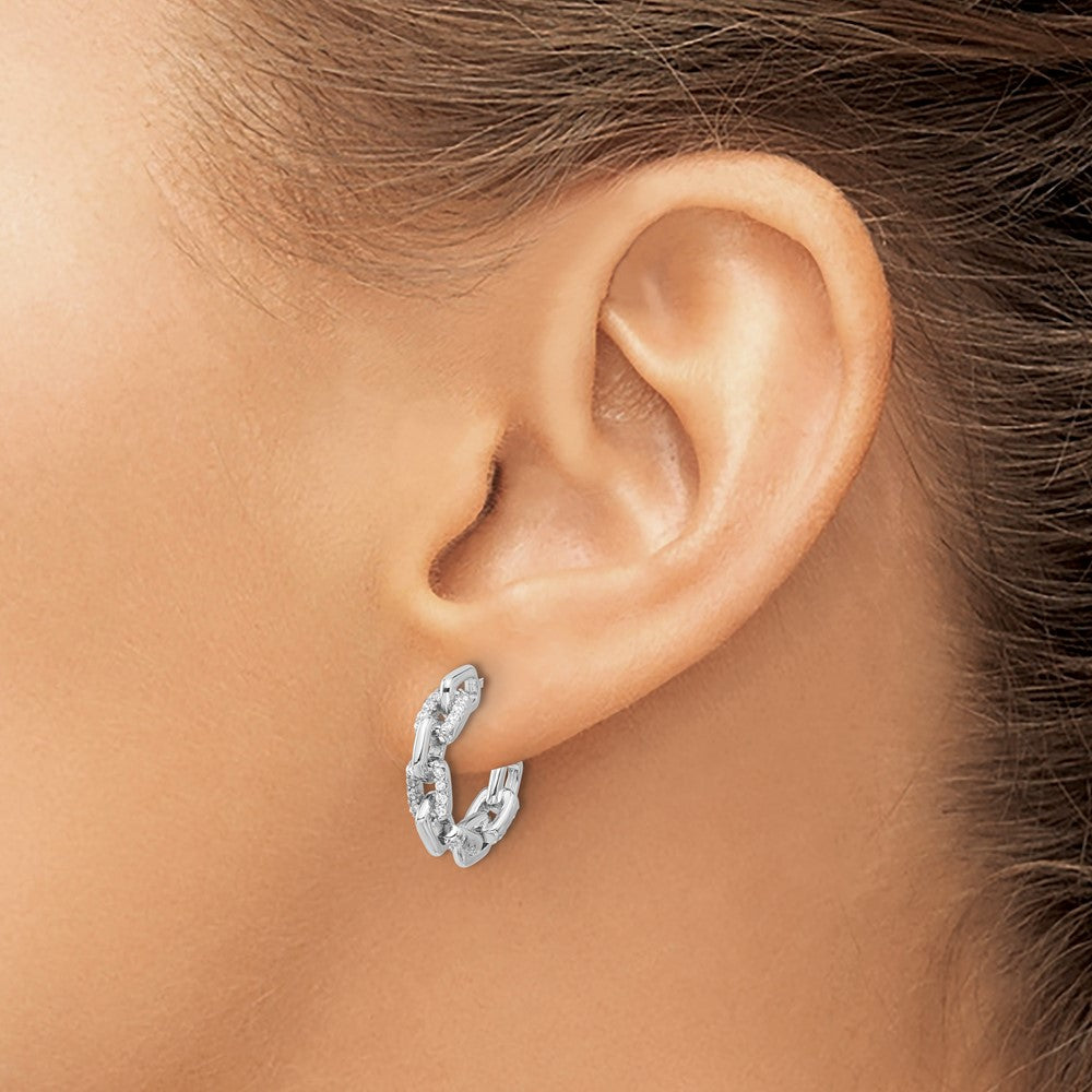 Sterling Silver Rhodium-Plated with CZ Link Design Post Hoop Earrings