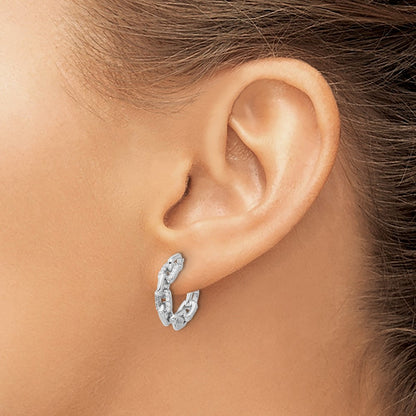 Sterling Silver Rhodium-Plated with CZ Link Design Post Hoop Earrings