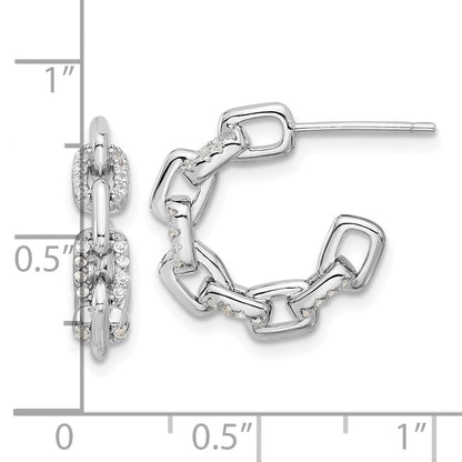 Sterling Silver Rhodium-Plated with CZ Link Design Post Hoop Earrings