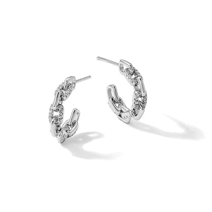 Sterling Silver Rhodium-Plated with CZ Link Design Post Hoop Earrings