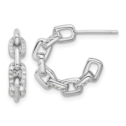 Sterling Silver Rhodium-Plated with CZ Link Design Post Hoop Earrings