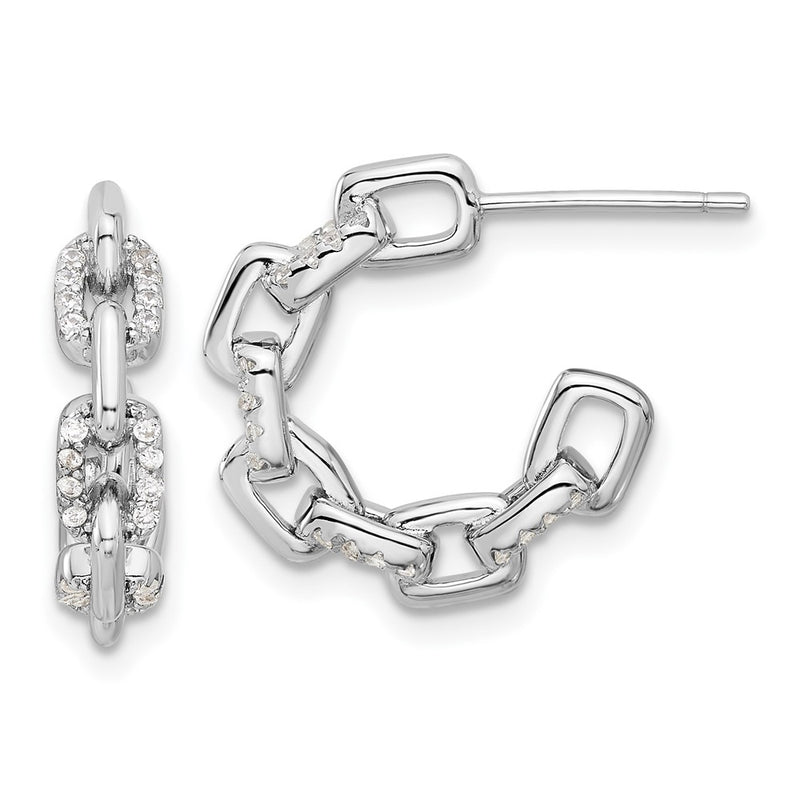 Sterling Silver Rhodium-Plated with CZ Link Design Post Hoop Earrings