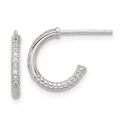 Sterling Silver Flash Platinum-Plated Twisted CZ C Hoop Post Earrings