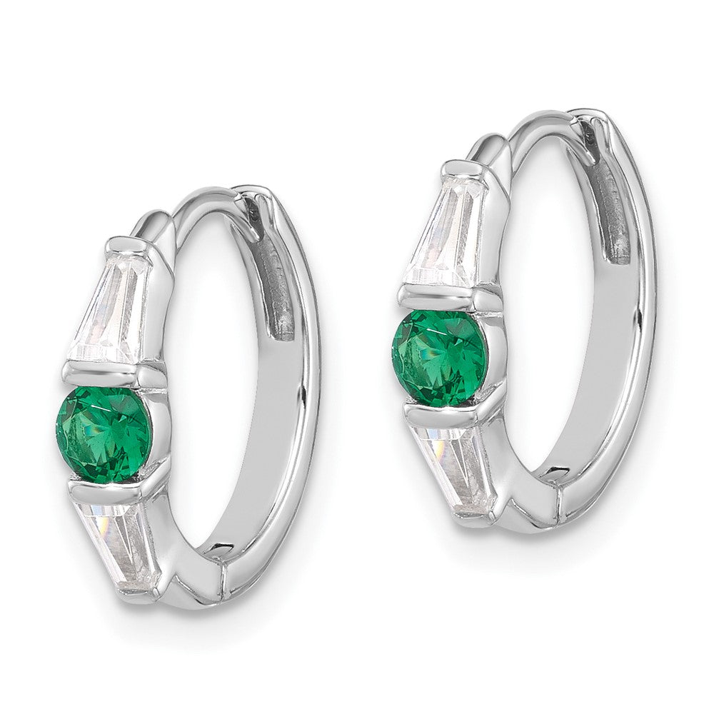 Sterling Silver Rhodium-Plated Green/white CZ Hinged Hoop Earrings