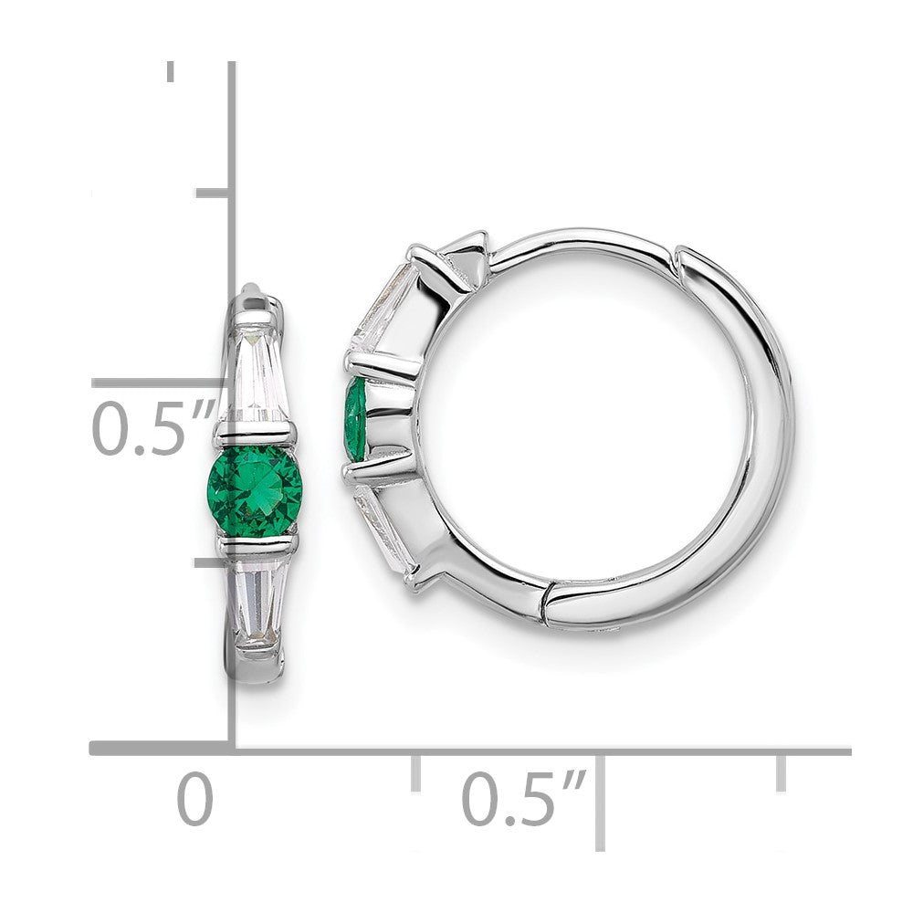 Sterling Silver Rhodium-Plated Green/white CZ Hinged Hoop Earrings