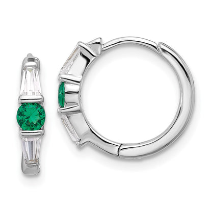 Sterling Silver Rhodium-Plated Green/white CZ Hinged Hoop Earrings