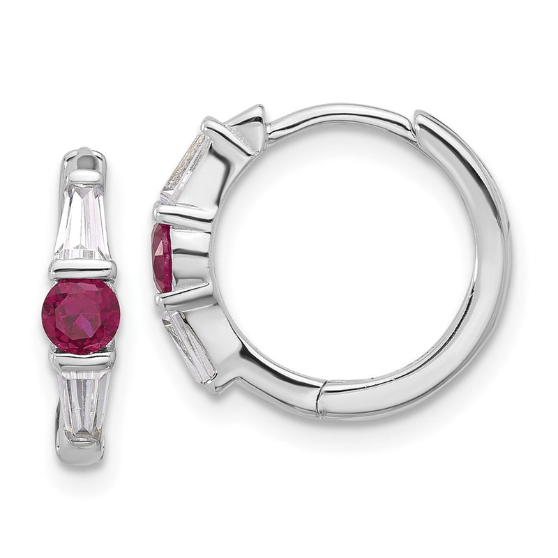 Sterling Silver Rhodium-Plated Red/white CZ Hinged Hoop Earrings